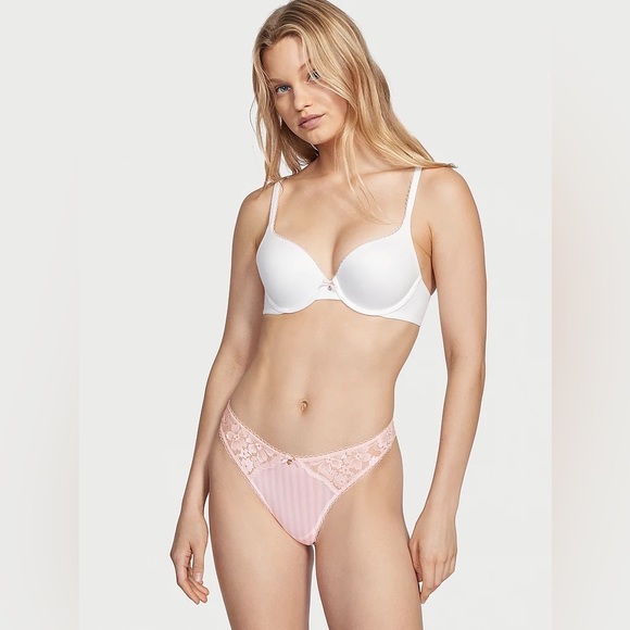 Victoria's Secret Body By Victoria Smooth & Lace Thong Panty Pink Stripe L NEW - Picture 3 of 8
